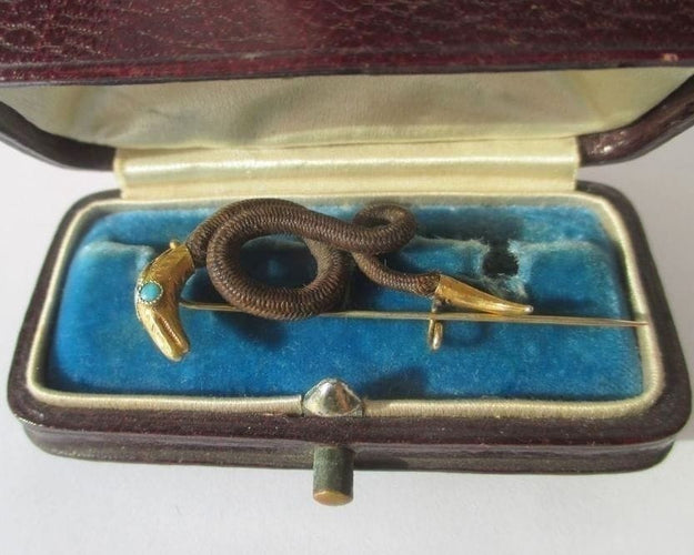 Broche Broche serpent XIXe en cheveux, or rose et turquoise 58 Facettes