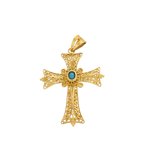Pendentif Pendentif Croix ciselée en or jaune et turquoise 58 Facettes