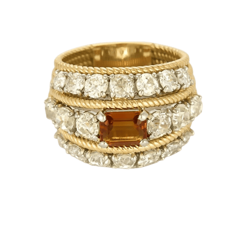 Bague 51.5 Bague large en or jaune 18k et platine, citrine madère et diamants 58 Facettes