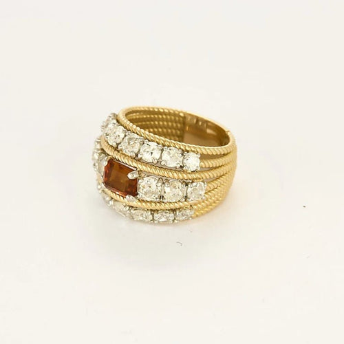 Bague 51.5 Bague large en or jaune 18k et platine, citrine madère et diamants 58 Facettes