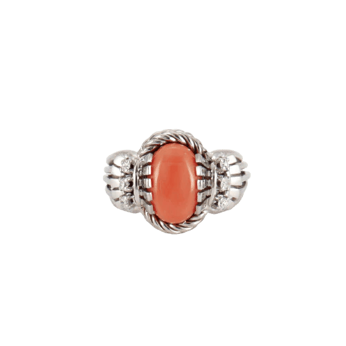 Bague 55 Bague en or blanc 18K avec corail cabochon et diamants 58 Facettes P10L9