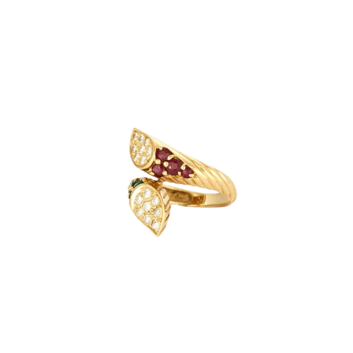 Bague 55 Bague Toi & Moi vintage en or jaune avec diamants, rubis et émeraudes 58 Facettes