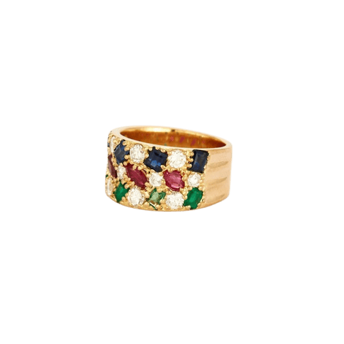 Bague 54 Bague vintage en or jaune sertie de diamants, saphirs, rubis et émeraudes 58 Facettes