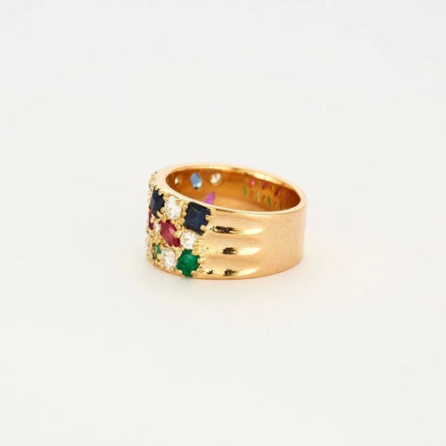 Bague 54 Bague vintage en or jaune sertie de diamants, saphirs, rubis et émeraudes 58 Facettes