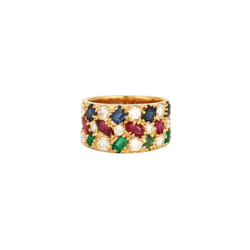 Bague 54 Bague vintage en or jaune sertie de diamants, saphirs, rubis et émeraudes 58 Facettes
