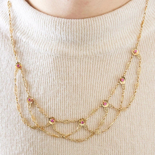 Collier Collier chaîne filigrane en or jaune 18K, rubis et saphirs roses 58 Facettes