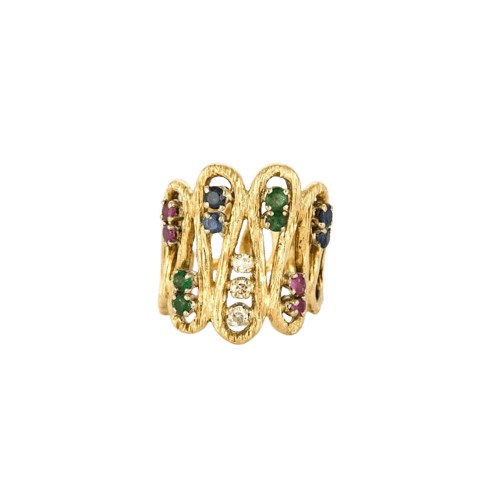 Bague 52 Bague vintage en or jaune 18K, diamants, rubis, saphirs et émeraudes 58 Facettes