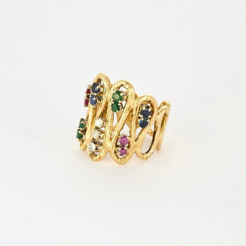 Bague 52 Bague vintage en or jaune 18K, diamants, rubis, saphirs et émeraudes 58 Facettes