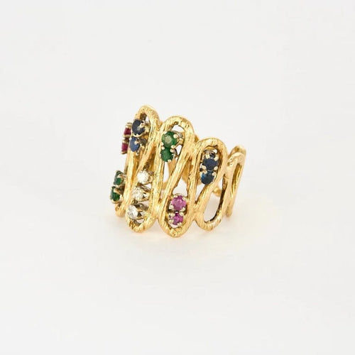 Bague 52 Bague vintage en or jaune 18K, diamants, rubis, saphirs et émeraudes 58 Facettes
