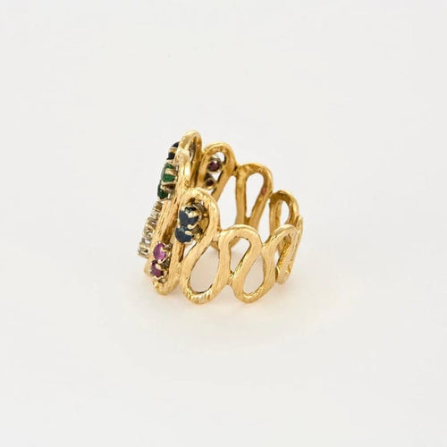 Bague 52 Bague vintage en or jaune 18K, diamants, rubis, saphirs et émeraudes 58 Facettes
