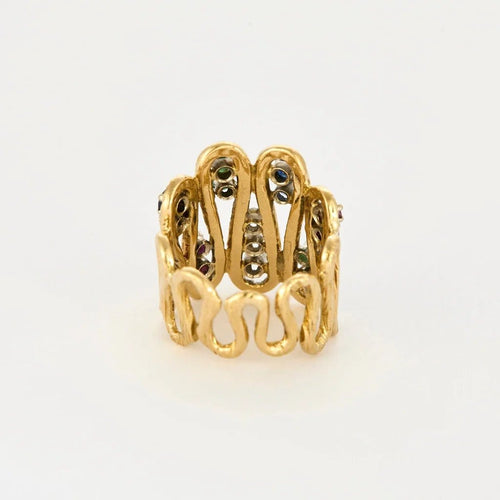 Bague 52 Bague vintage en or jaune 18K, diamants, rubis, saphirs et émeraudes 58 Facettes