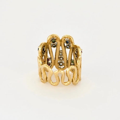Bague 52 Bague vintage en or jaune 18K, diamants, rubis, saphirs et émeraudes 58 Facettes