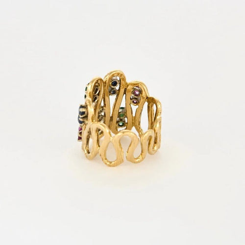 Bague 52 Bague vintage en or jaune 18K, diamants, rubis, saphirs et émeraudes 58 Facettes