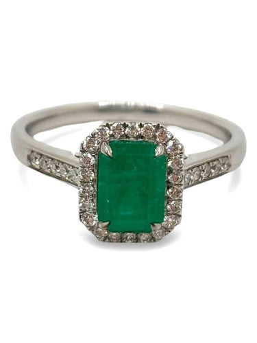 Bague 52 Bague en or blanc 18K sertie d’une émeraude 1 ct et diamants 58 Facettes