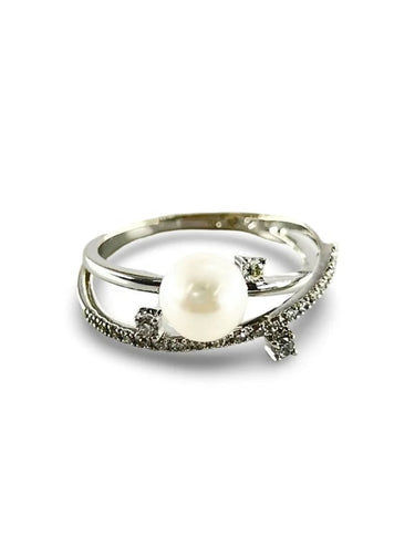 Bague 54 Bague en or blanc 18K avec perle et diamants 58 Facettes