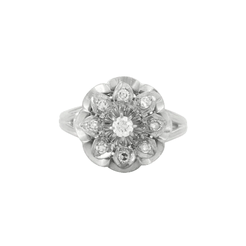Bague 54 Bague fleur ciselée en or gris 18K et diamants 58 Facettes