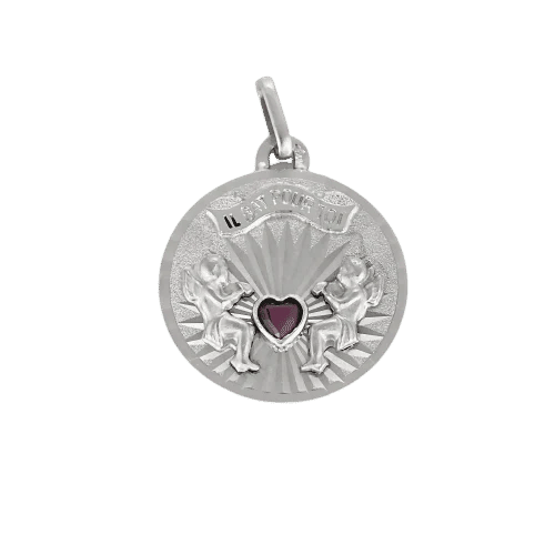 Pendentif Médaille - Pendentif en or gris 18K et rubis synthétique cœur 58 Facettes LMB-307