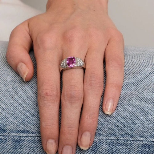 Bague 53 Bague en or gris 18K avec saphir rose et diamants 58 Facettes