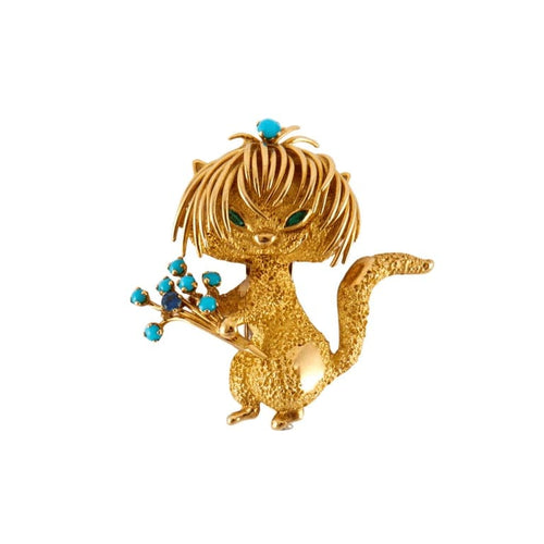 Broche Broche chat en or jaune 18k, turquoises, émeraudes et saphir 58 Facettes 2.173