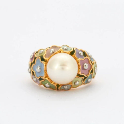 Bague 51 Bague fleur en or jaune 18k avec perle Akoya 58 Facettes 002.199
