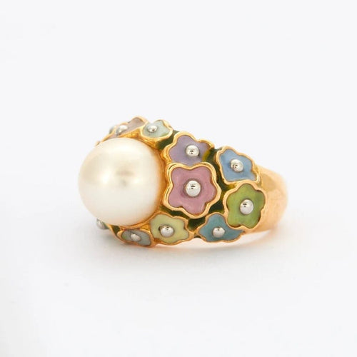 Bague 51 Bague fleur en or jaune 18k avec perle Akoya 58 Facettes 002.199