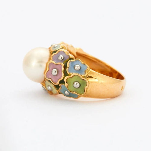 Bague 51 Bague fleur en or jaune 18k avec perle Akoya 58 Facettes 002.199