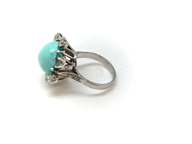 Bague 51 Bague ancienne en or blanc 18k avec turquoise et diamants 58 Facettes M9157
