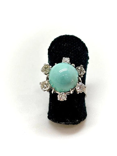 Bague 51 Bague ancienne en or blanc 18k avec turquoise et diamants 58 Facettes M9157