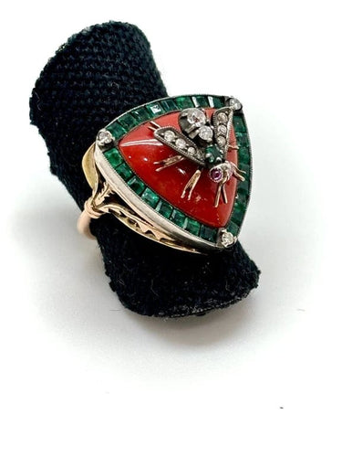 Bague 53 Bague ancienne motif abeille en or et argent, diamants et corail 58 Facettes M9101