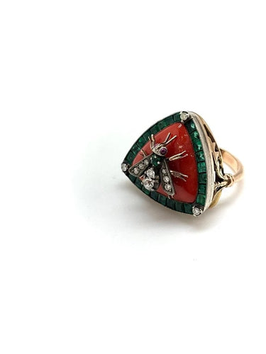 Bague 53 Bague ancienne motif abeille en or et argent, diamants et corail 58 Facettes M9101
