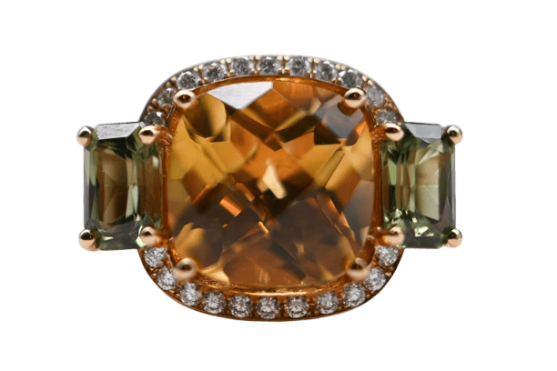Bague 53.5 Bague cocktail en or rose avec citrine, saphirs verts et diamants 58 Facettes