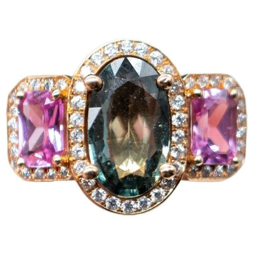 Bague 53.5 Bague cocktail en or rose 18 carats, saphir vert, saphirs roses et diamants 58 Facettes