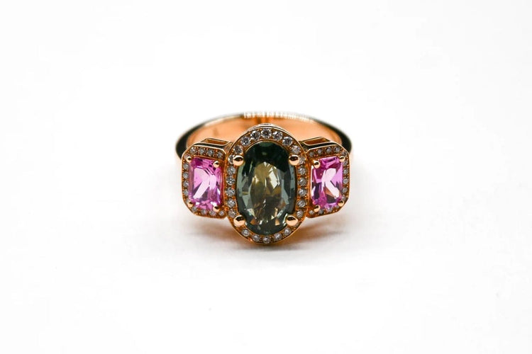 Bague 53.5 Bague cocktail en or rose 18 carats, saphir vert, saphirs roses et diamants 58 Facettes