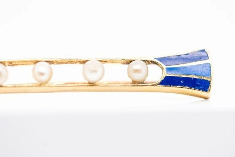 Broche Broche Art déco en or 18 carats, demi-perles et émail bleu 58 Facettes
