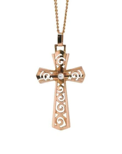 Pendentif Pendentif croix ajourée en or jaune 18 carats et perle 58 Facettes