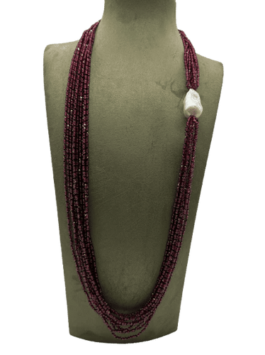 Collier Collier sautoir franges en grenats et perle baroque, fermoir en bakélite 58 Facettes