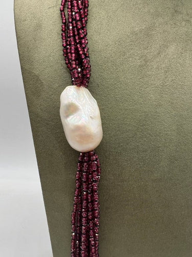 Collier Collier sautoir franges en grenats et perle baroque, fermoir en bakélite 58 Facettes