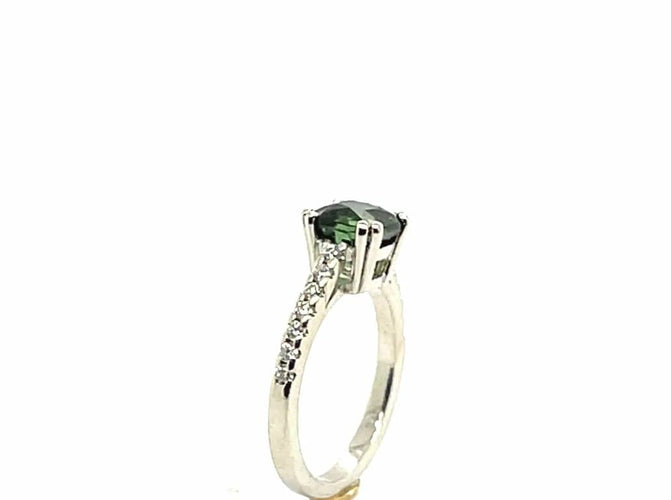 Bague 53 Bague en or blanc 18 carats avec tourmaline coussin et diamants 58 Facettes
