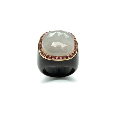 Bague 57.5 Bague vintage en or jaune 18 carats, quartz gris et rubis 58 Facettes 328182 /AX0T54Z