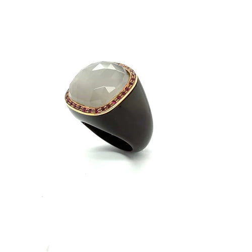 Bague 57.5 Bague vintage en or jaune 18 carats, quartz gris et rubis 58 Facettes 328182 /AX0T54Z