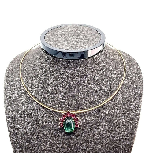 Collier Collier ras-de-cou - Tourmaline verte et grenats rhodolites en or jaune 18 kt 58 Facettes