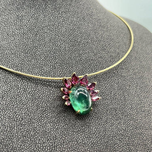 Collier Collier ras-de-cou - Tourmaline verte et grenats rhodolites en or jaune 18 kt 58 Facettes