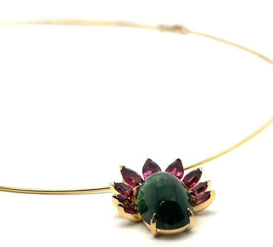 Collier Collier ras-de-cou - Tourmaline verte et grenats rhodolites en or jaune 18 kt 58 Facettes