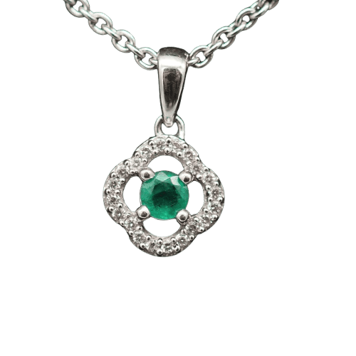 Pendentif Pendentif trèfle en or blanc 18 carats avec émeraude et diamants 58 Facettes