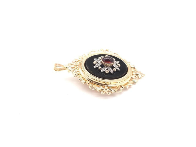 Pendentif Nap 3 - Pendentif broche en or jaune 750, grenat et onyx 58 Facettes