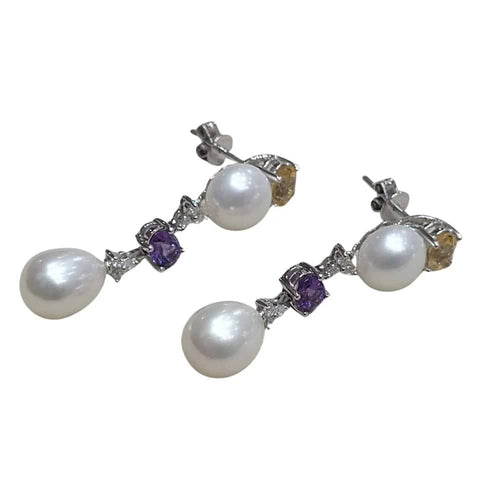 Boucles d'oreilles Boucles d'oreilles ornées de perles, améthystes, citrines et diamants 58 Facettes PE168