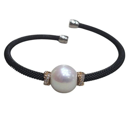 Bracelet Bracelet en acier noir et or rose avec perle australienne et diamants 58 Facettes puv363