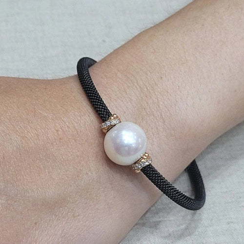 Bracelet Bracelet en acier noir et or rose avec perle australienne et diamants 58 Facettes puv363