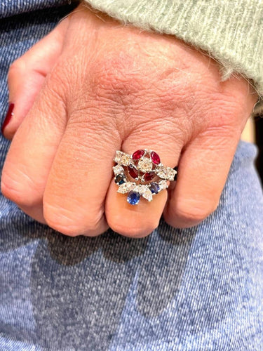 Bague 50 Duo de bagues - Bagues en or blanc avec diamants, rubis et saphirs 58 Facettes