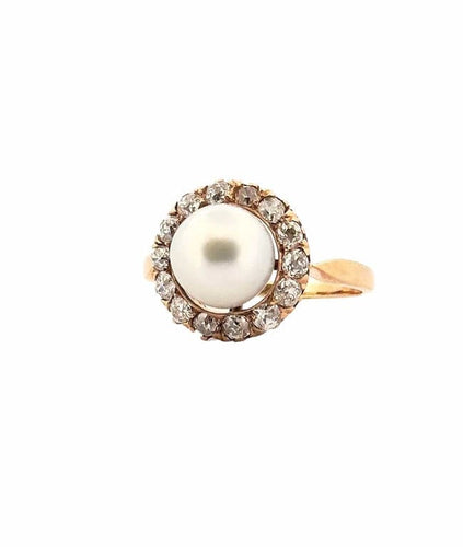 Bague 59 Bague ancienne en or jaune 18 carats avec diamants et perle 58 Facettes